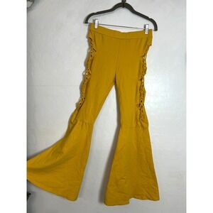 Labijou Mustard Yellow Flare Pants Womens L Braided Cutout Bell Bottom Stretch